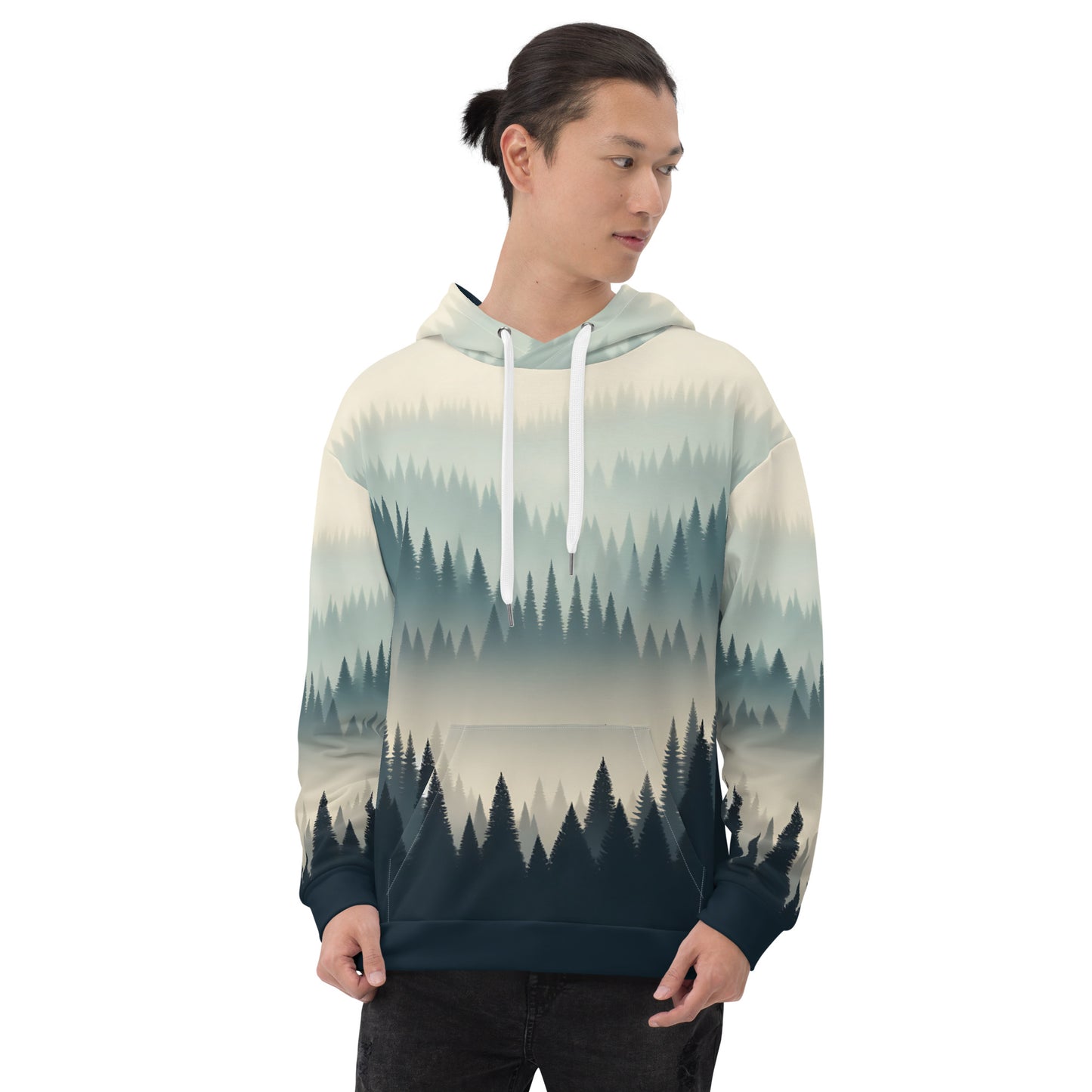 Misty Forest Hoodie Adult, Minimalist Forest Tree Line Gradient All-Over Print Graphic Pullover