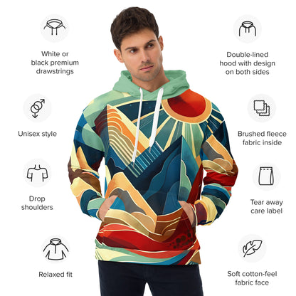 Desert Landscape Abstract Eastern Sierra Hoodie – Unisex Minimalist Artistic All-Over Print Graphic Pullover, Vibrant Mountain Design