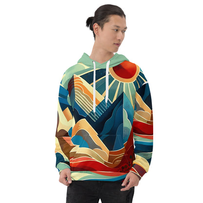 Desert Landscape Abstract Eastern Sierra Hoodie – Unisex Minimalist Artistic All-Over Print Graphic Pullover, Vibrant Mountain Design