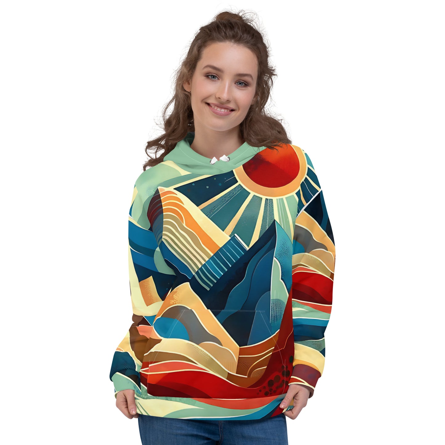 Desert Landscape Abstract Eastern Sierra Hoodie – Unisex Minimalist Artistic All-Over Print Graphic Pullover, Vibrant Mountain Design