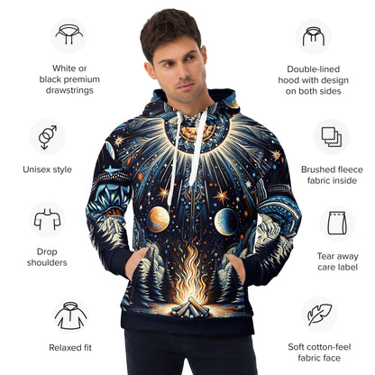 Cosmic Campfire Magic Hoodie – Adult Unisex Artistic All-Over Print Sweatshirt, Artistic Graphic Outerwear