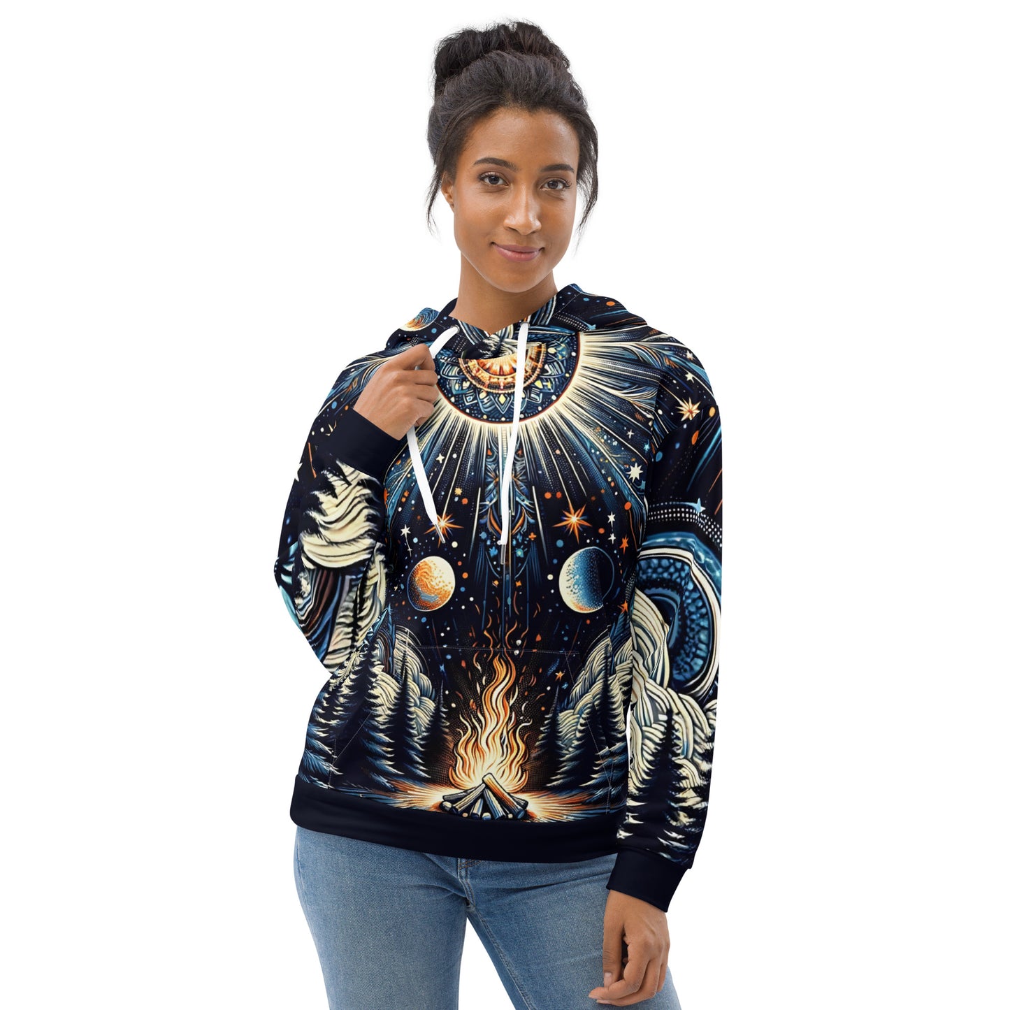 Cosmic Campfire Magic Hoodie – Adult Unisex Artistic All-Over Print Sweatshirt, Artistic Graphic Outerwear