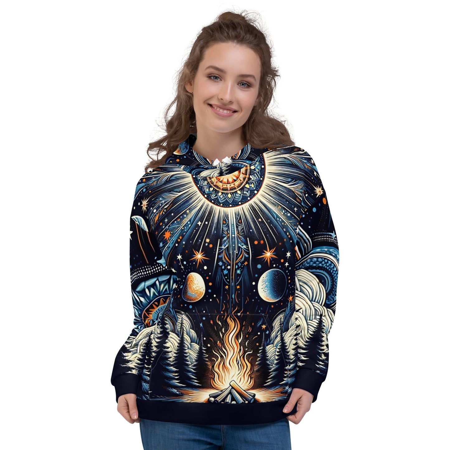 Cosmic Campfire Magic Hoodie – Adult Unisex Artistic All-Over Print Sweatshirt, Artistic Graphic Outerwear