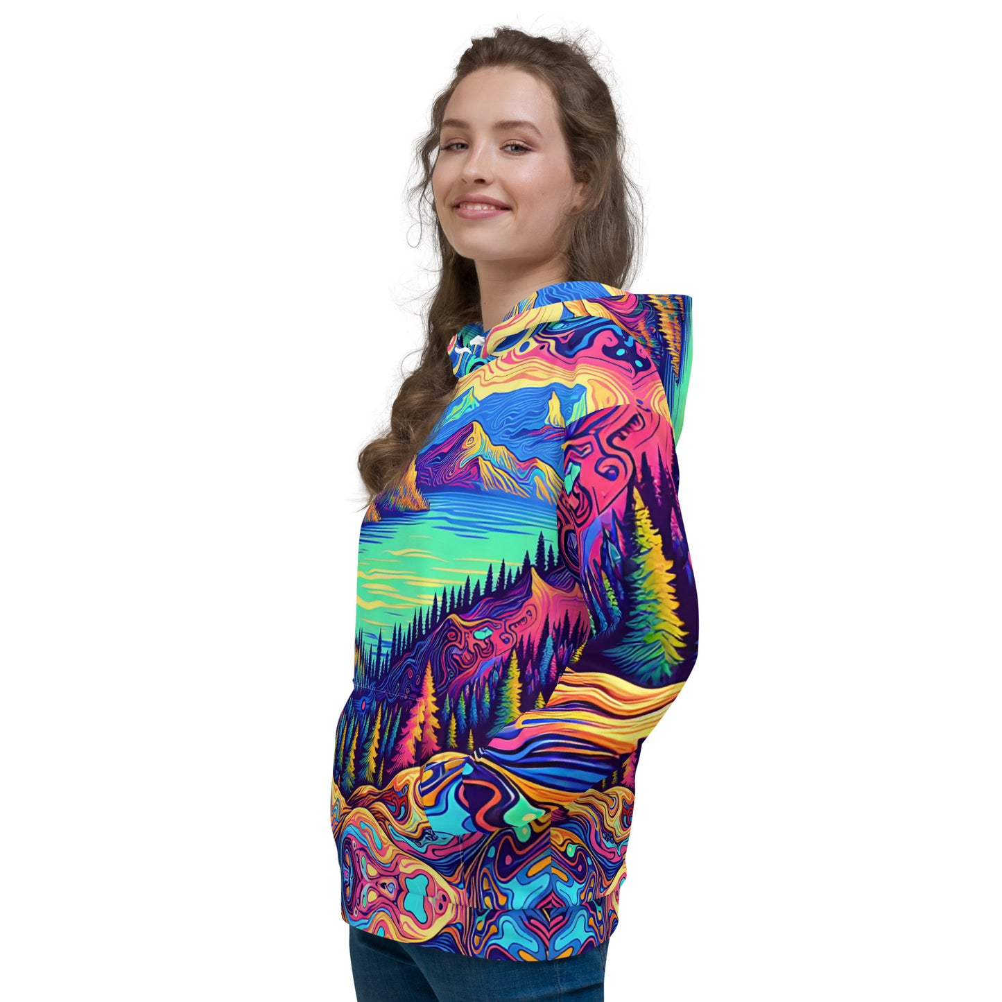 Psychedelic Hoodie Adult, Mountain Lake Forest Landscape All Over Print