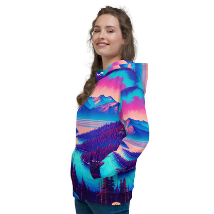 Mountain Landscape Graphic Adult Hoodie, Alpine Glow Sunset All Over Print Pocket