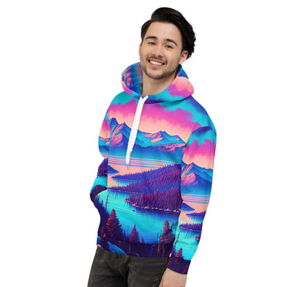 Mountain Landscape Graphic Adult Hoodie, Alpine Glow Sunset All Over Print Pocket