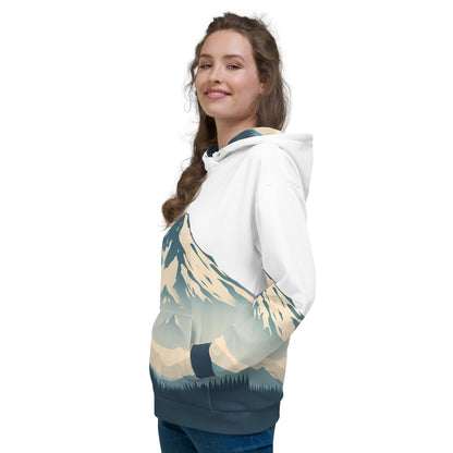 Mount Shasta Graphic Pullover Hoodie, All Over Print Minimalist Artistic Illustration White & Blue Nature Lover Outdoors Design