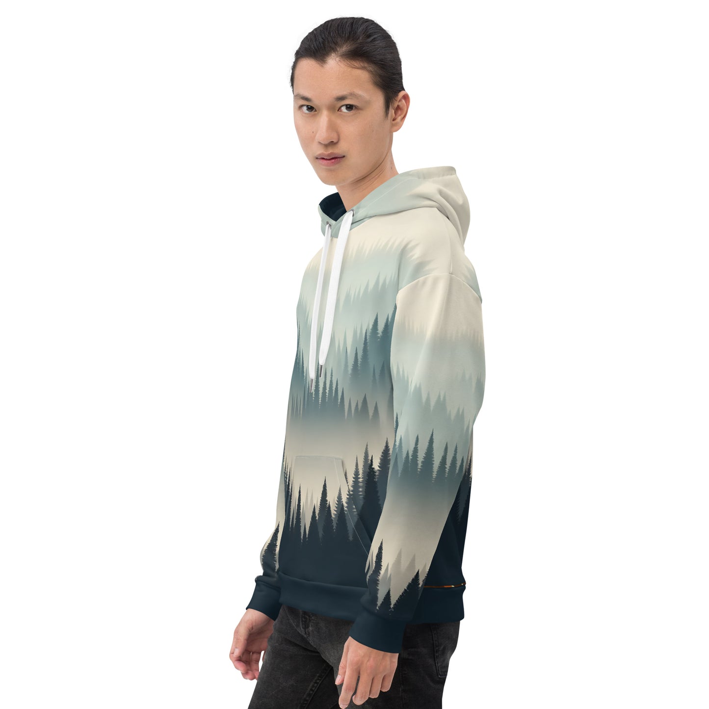 Misty Forest Hoodie Adult, Minimalist Forest Tree Line Gradient All-Over Print Graphic Pullover