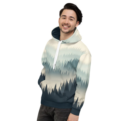 Misty Forest Hoodie Adult, Minimalist Forest Tree Line Gradient All-Over Print Graphic Pullover