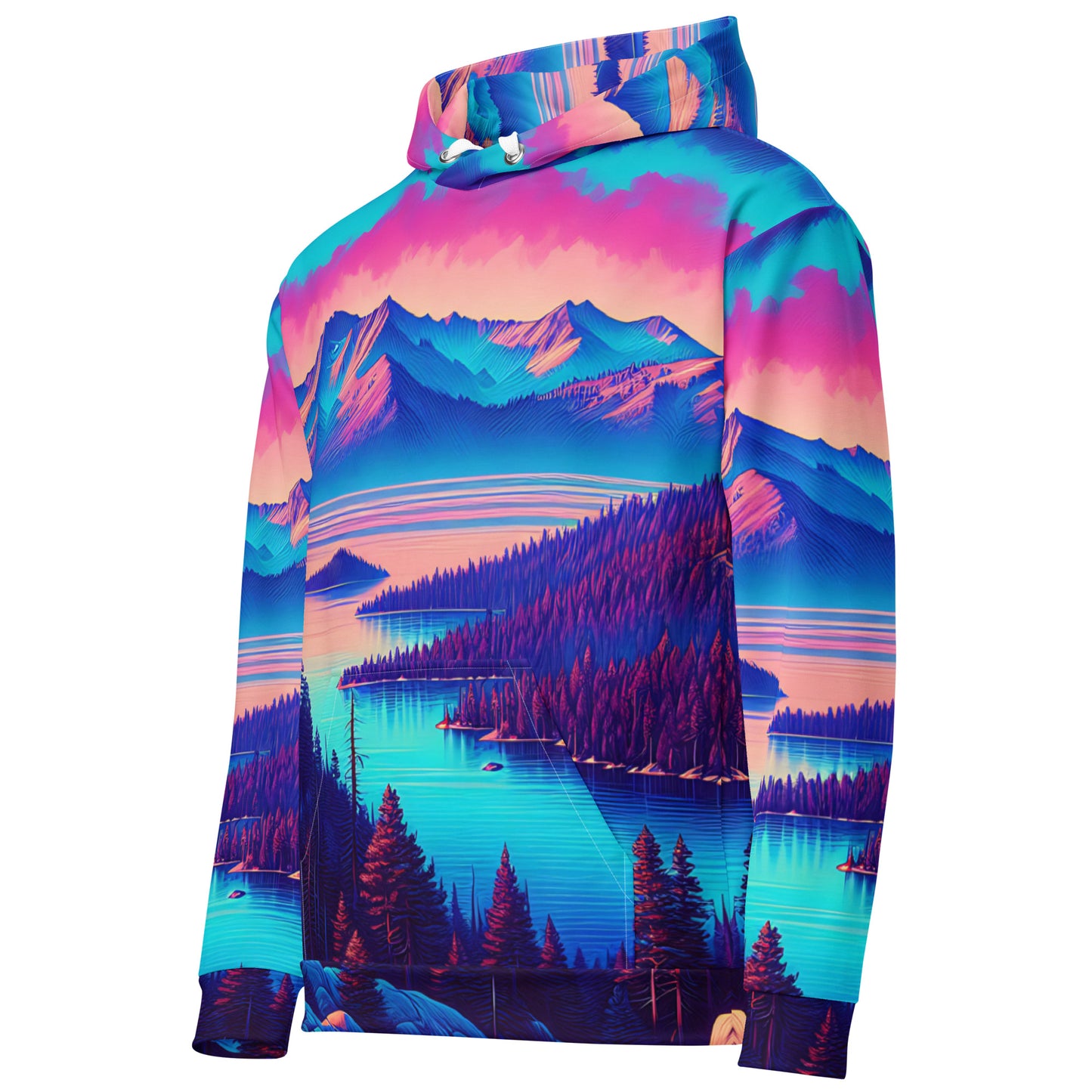 Mountain Landscape Graphic Adult Hoodie, Alpine Glow Sunset All Over Print Pocket