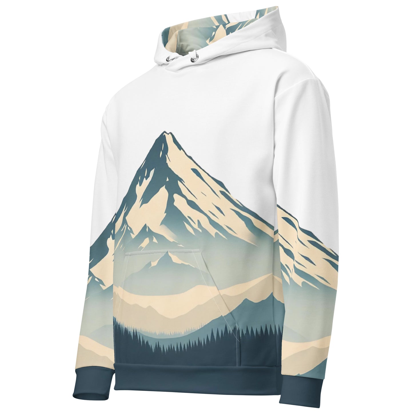 Mount Shasta Graphic Pullover Hoodie, All Over Print Minimalist Artistic Illustration White & Blue Nature Lover Outdoors Design