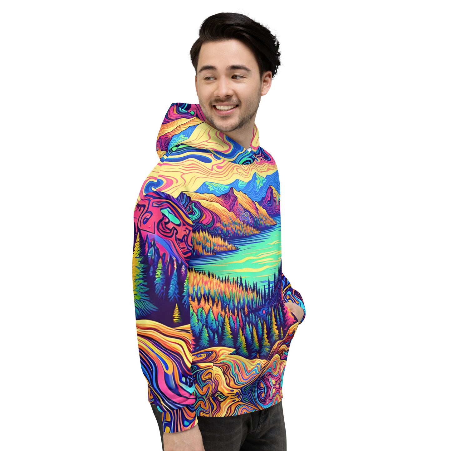 Psychedelic Hoodie Adult, Mountain Lake Forest Landscape All Over Print