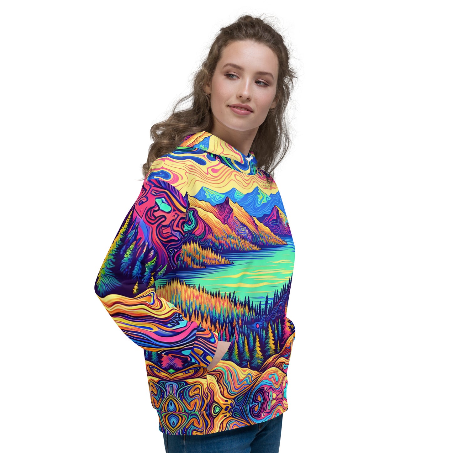 Psychedelic Hoodie Adult, Mountain Lake Forest Landscape All Over Print