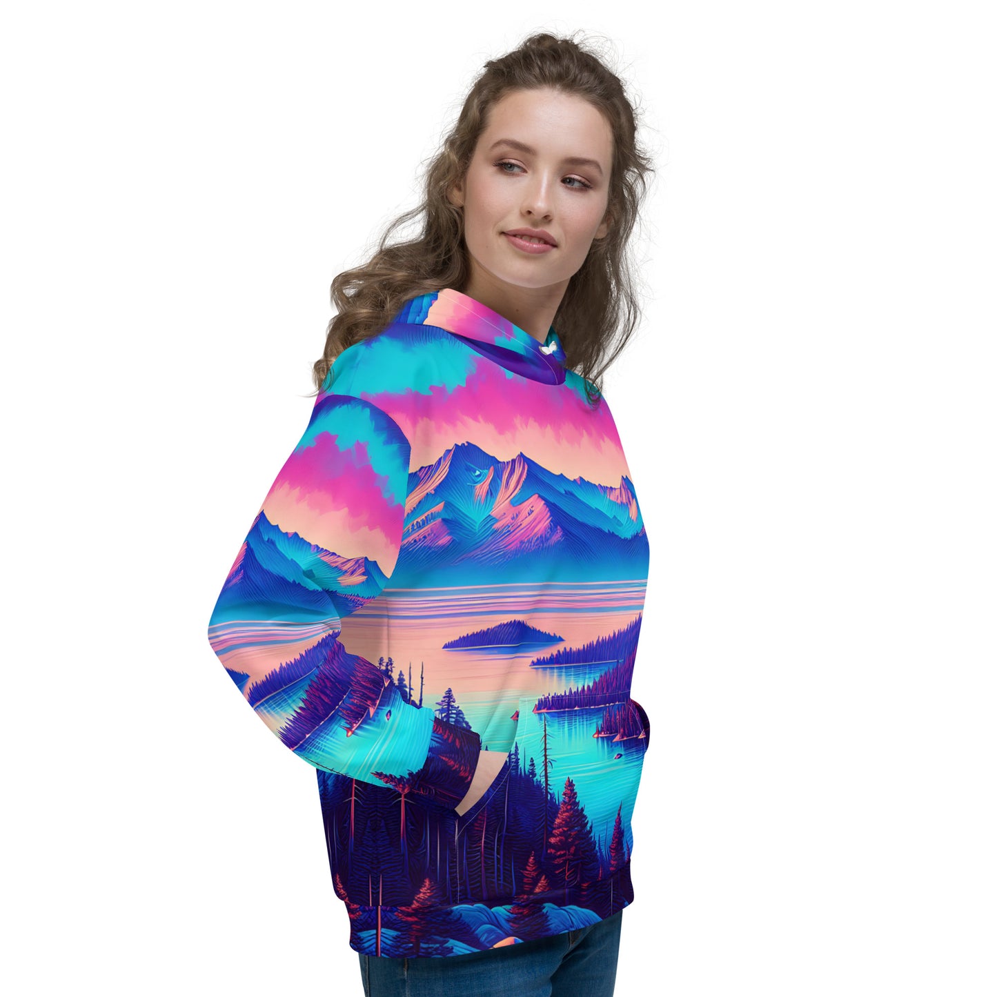 Mountain Landscape Graphic Adult Hoodie, Alpine Glow Sunset All Over Print Pocket