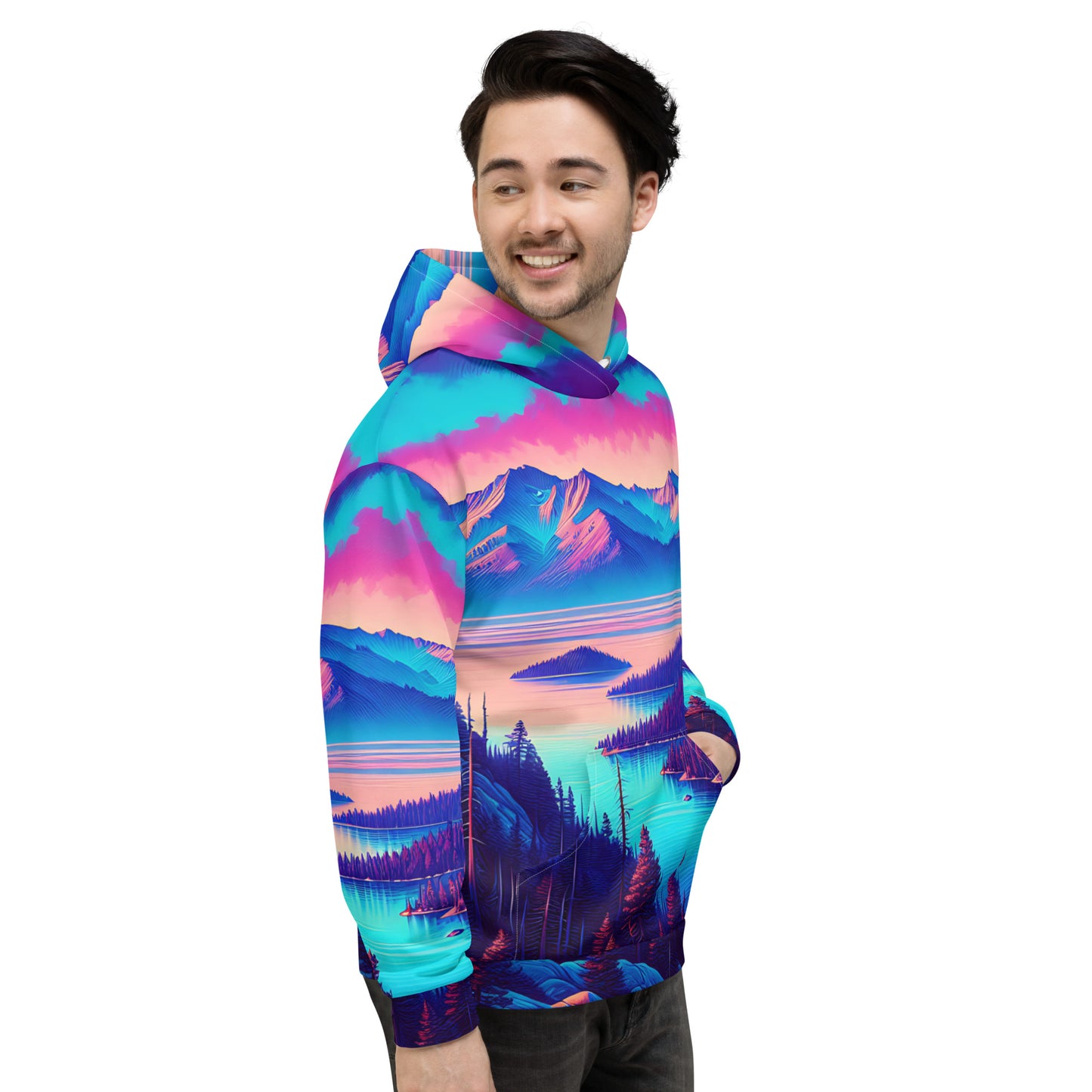 Mountain Landscape Graphic Adult Hoodie, Alpine Glow Sunset All Over Print Pocket