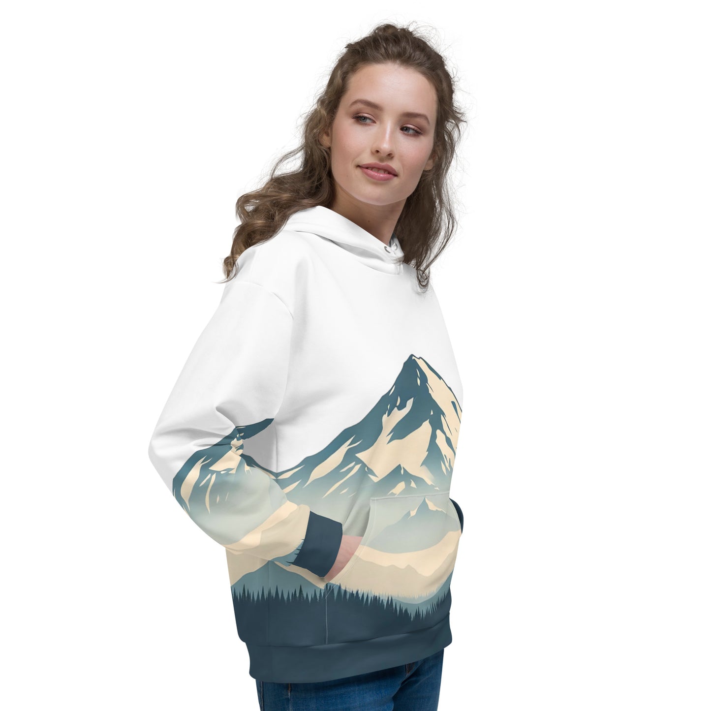 Mount Shasta Graphic Pullover Hoodie, All Over Print Minimalist Artistic Illustration White & Blue Nature Lover Outdoors Design