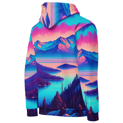 Mountain Landscape Graphic Adult Hoodie, Alpine Glow Sunset All Over Print Pocket