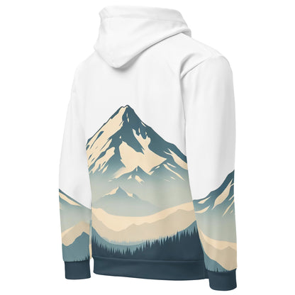 Mount Shasta Graphic Pullover Hoodie, All Over Print Minimalist Artistic Illustration White & Blue Nature Lover Outdoors Design