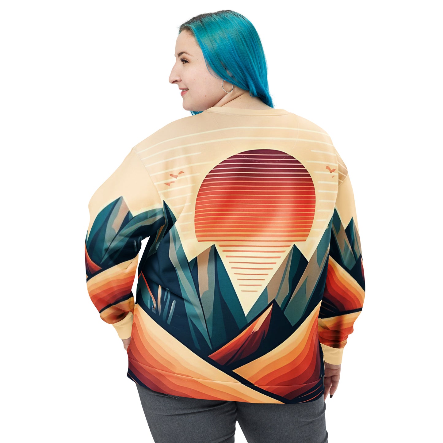 Desert Sunset Abstract Sweatshirt – Unisex All-Over Print Graphic Pullover, Mountain Landscape Design