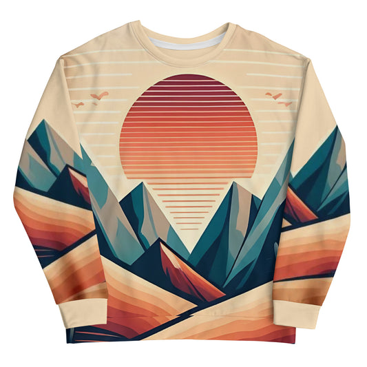 Desert Sunset Abstract Sweatshirt – Unisex All-Over Print Graphic Pullover, Mountain Landscape Design