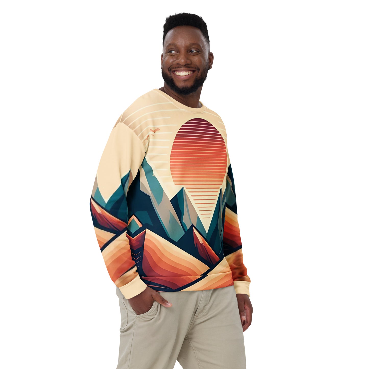 Desert Sunset Abstract Sweatshirt – Unisex All-Over Print Graphic Pullover, Mountain Landscape Design