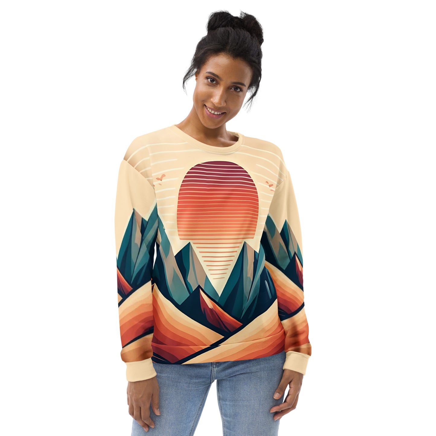 Desert Sunset Abstract Sweatshirt – Unisex All-Over Print Graphic Pullover, Mountain Landscape Design