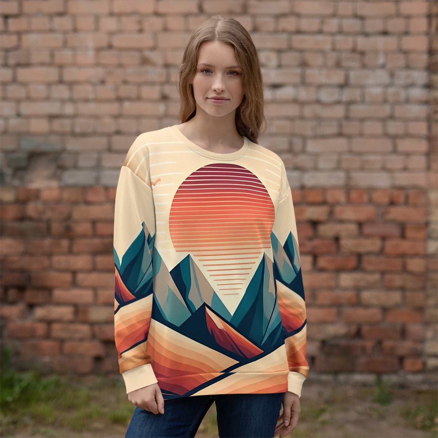 Desert Sunset Abstract Sweatshirt – Unisex All-Over Print Graphic Pullover, Mountain Landscape Design