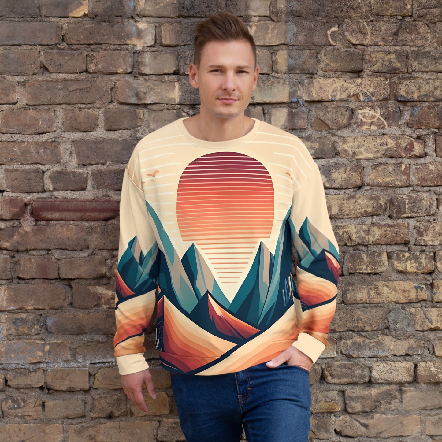 Desert Sunset Abstract Sweatshirt – Unisex All-Over Print Graphic Pullover, Mountain Landscape Design