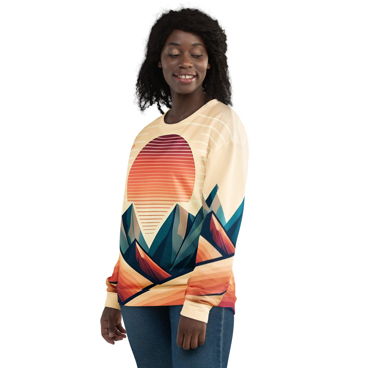 Desert Sunset Abstract Sweatshirt – Unisex All-Over Print Graphic Pullover, Mountain Landscape Design