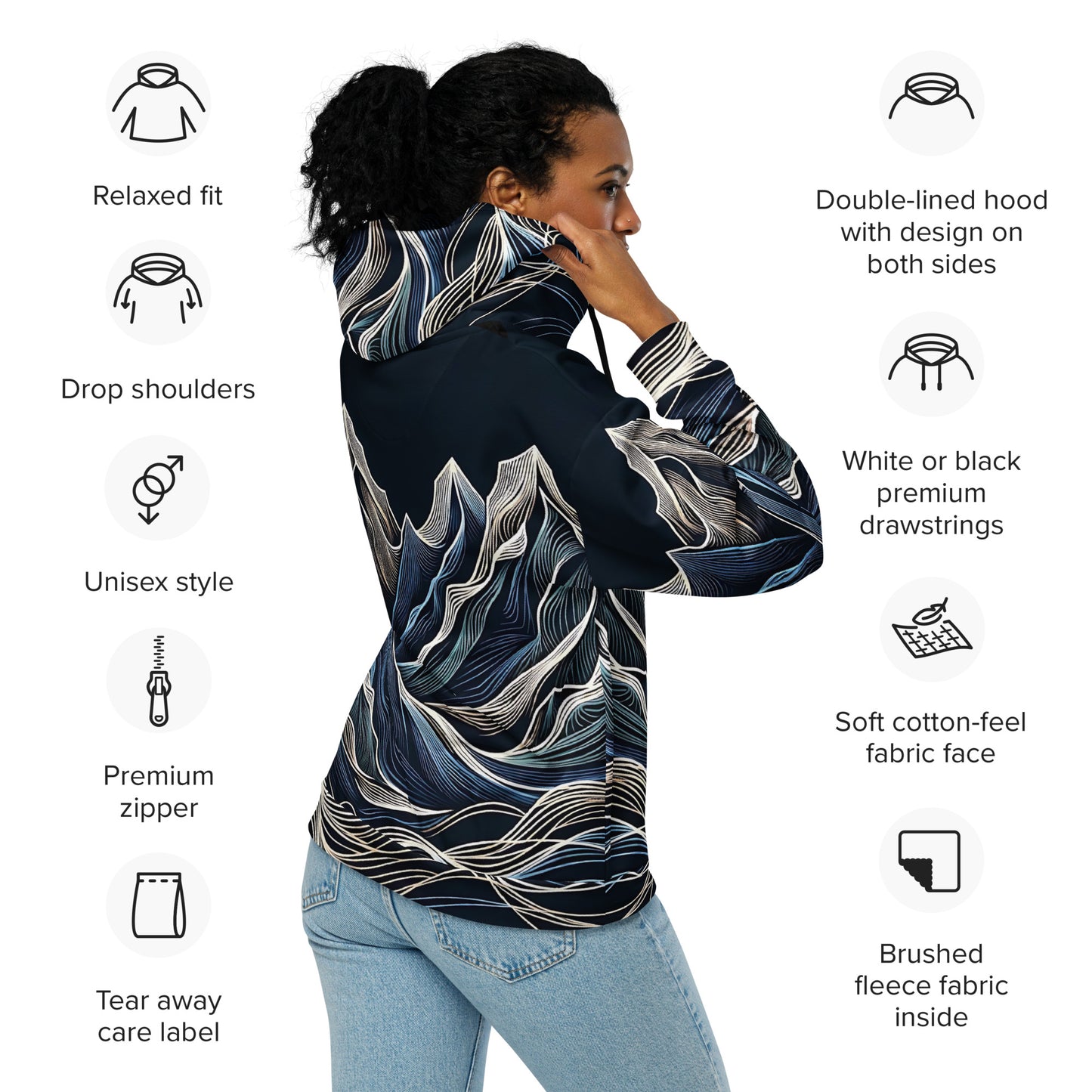 Mt Vibrations Mountain Wave Hoodie, All Over Print Graphic Full Zip Outdoor Design