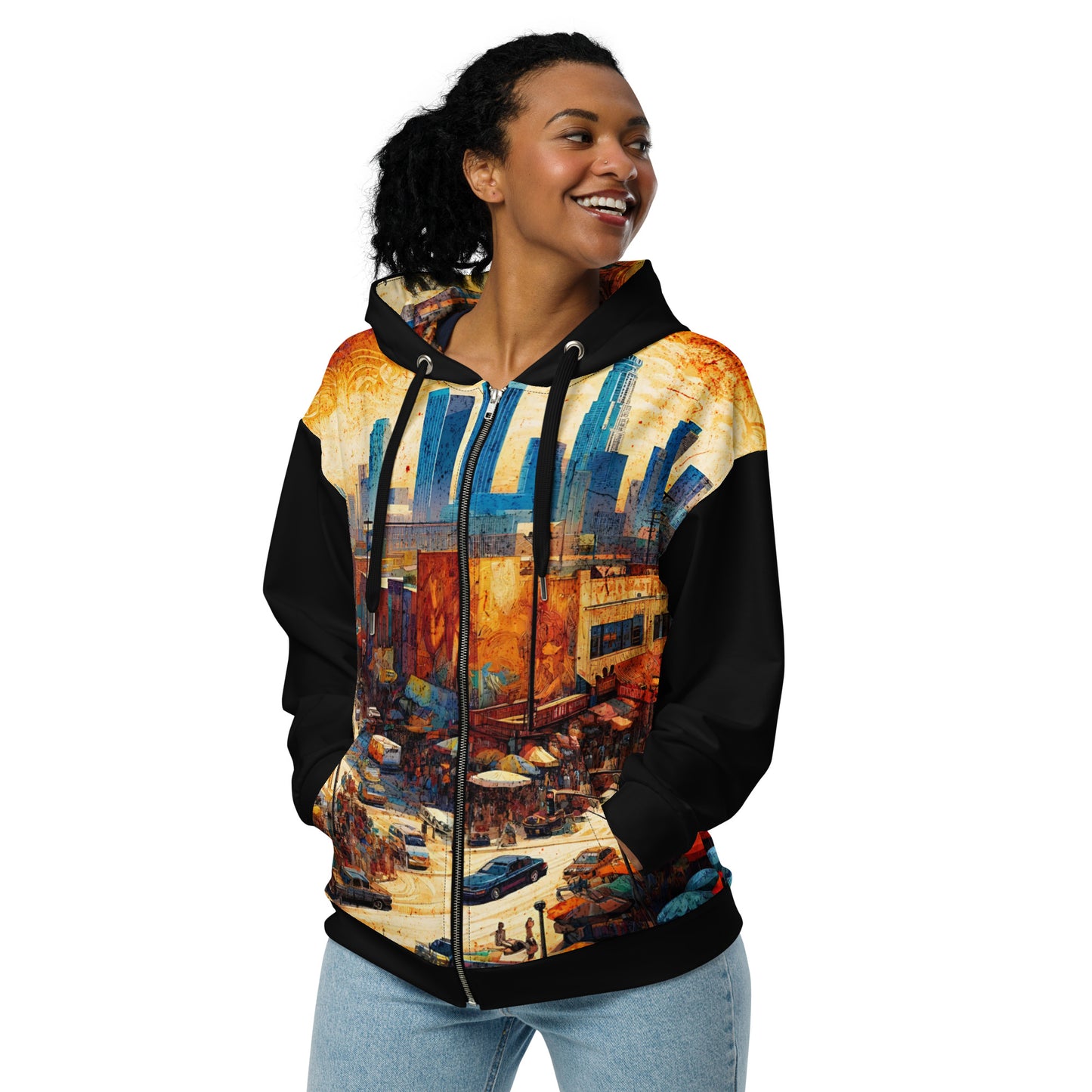 Downtown LA Hooded Jacket Men's Full Zip All Over Print Cityscape Illustration