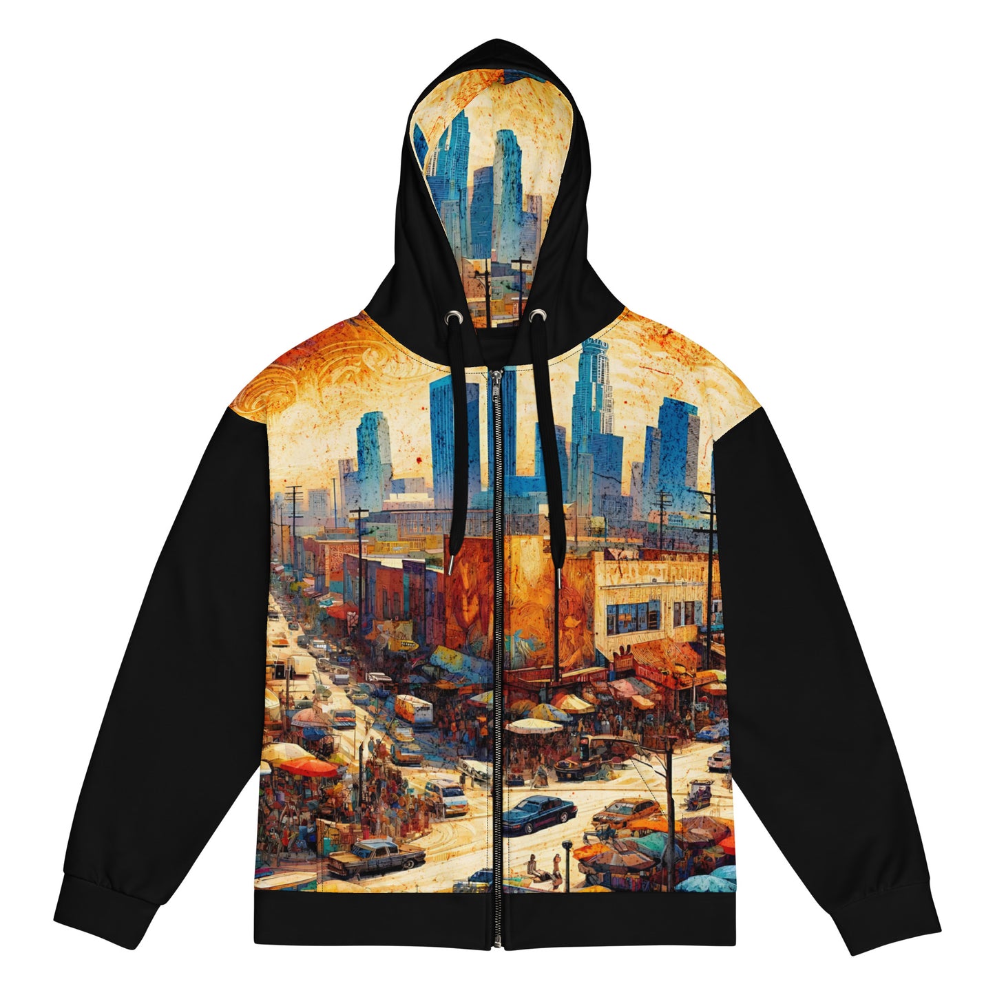 Downtown LA Hooded Jacket Men's Full Zip All Over Print Cityscape Illustration