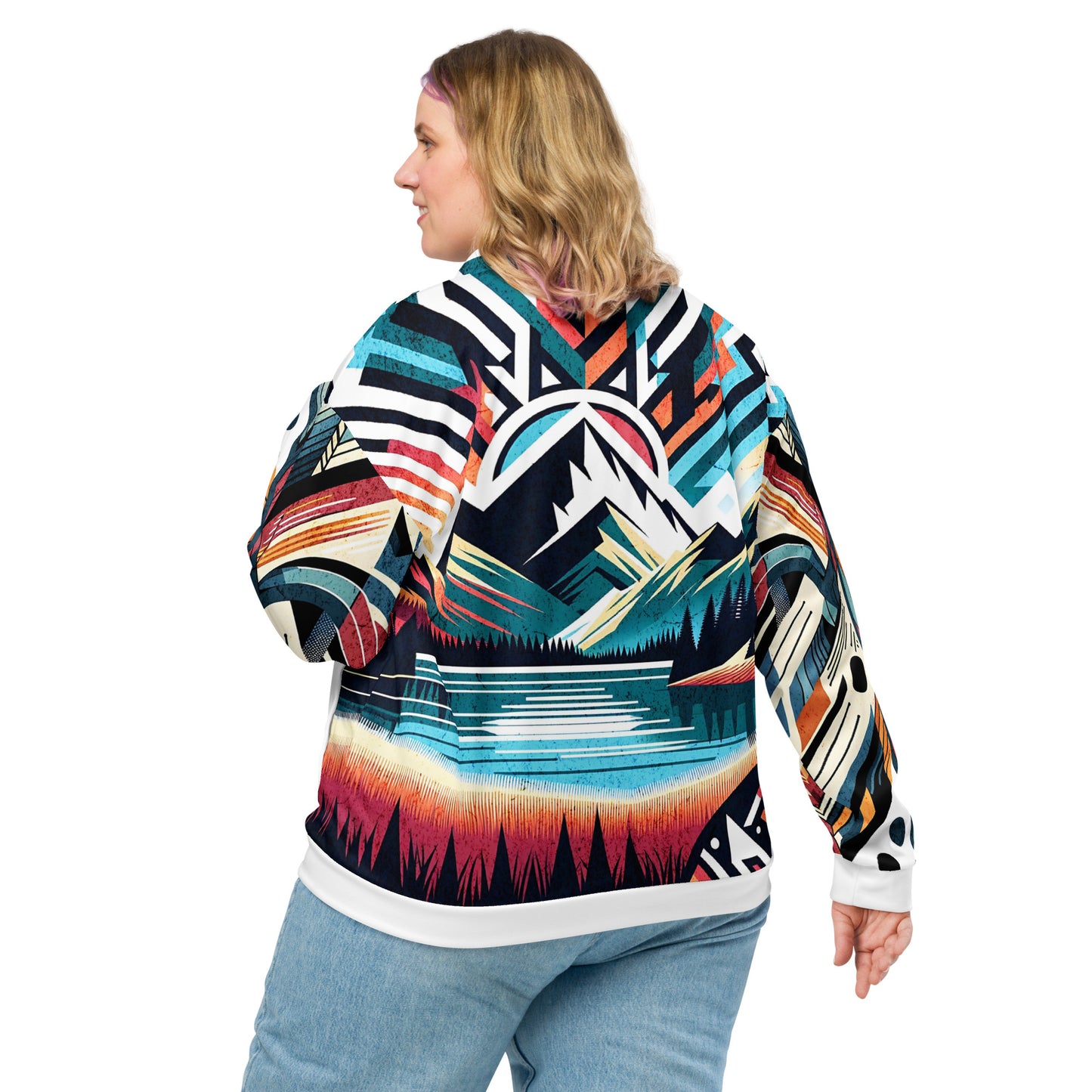 Bomber Jacket Mens Full Zip Vibrant Abstract Geometric Mountain Sunset Pattern