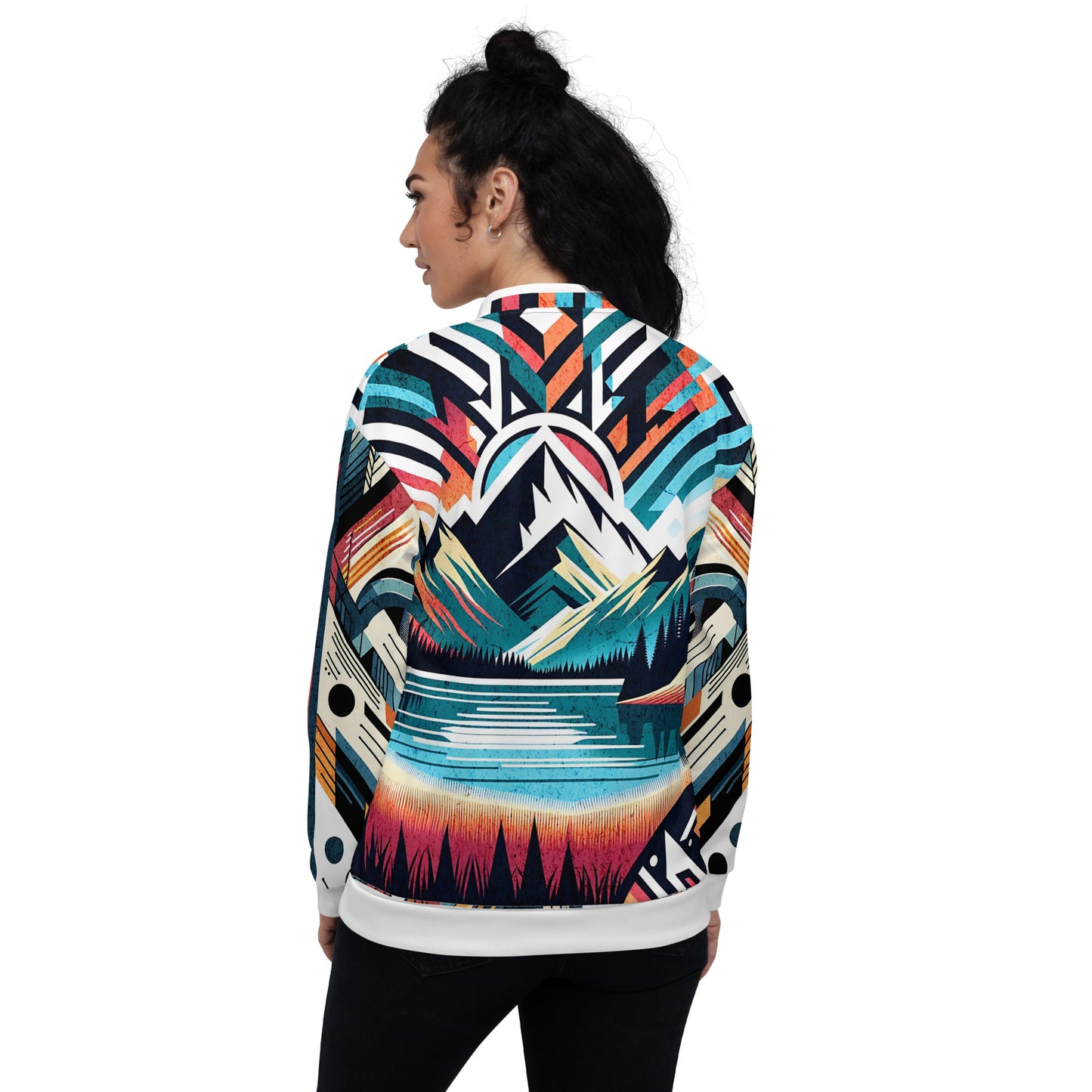 Bomber Jacket Mens Full Zip Vibrant Abstract Geometric Mountain Sunset Pattern