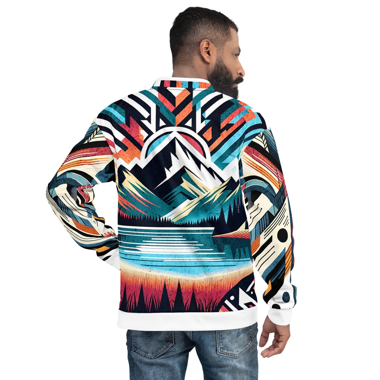 Bomber Jacket Mens Full Zip Vibrant Abstract Geometric Mountain Sunset Pattern