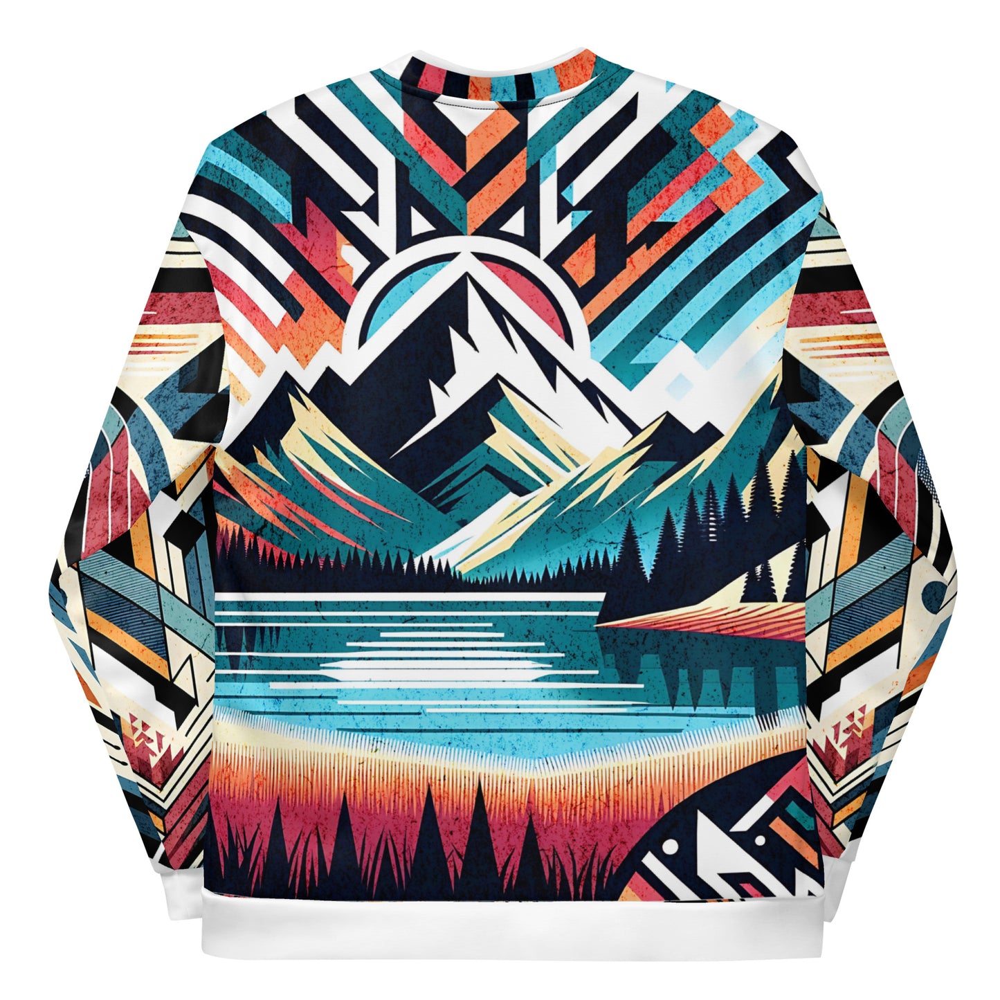 Bomber Jacket Mens Full Zip Vibrant Abstract Geometric Mountain Sunset Pattern