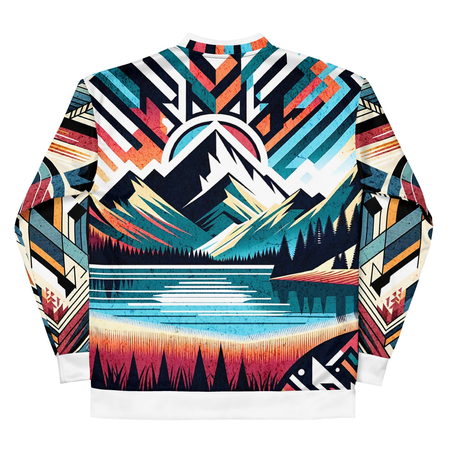 Bomber Jacket Mens Full Zip Vibrant Abstract Geometric Mountain Sunset Pattern