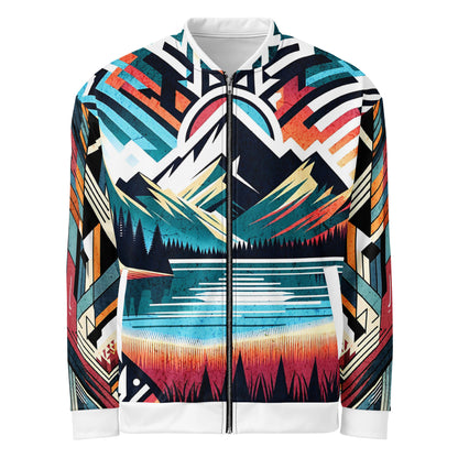 Bomber Jacket Mens Full Zip Vibrant Abstract Geometric Mountain Sunset Pattern