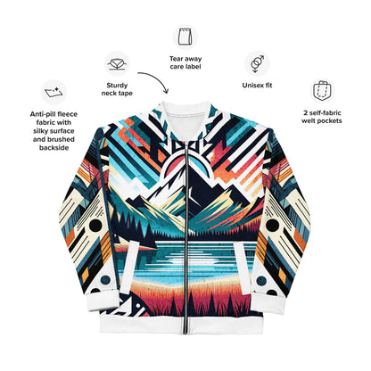 Bomber Jacket Mens Full Zip Vibrant Abstract Geometric Mountain Sunset Pattern