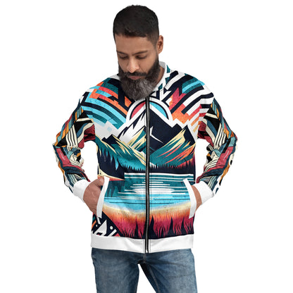 Bomber Jacket Mens Full Zip Vibrant Abstract Geometric Mountain Sunset Pattern