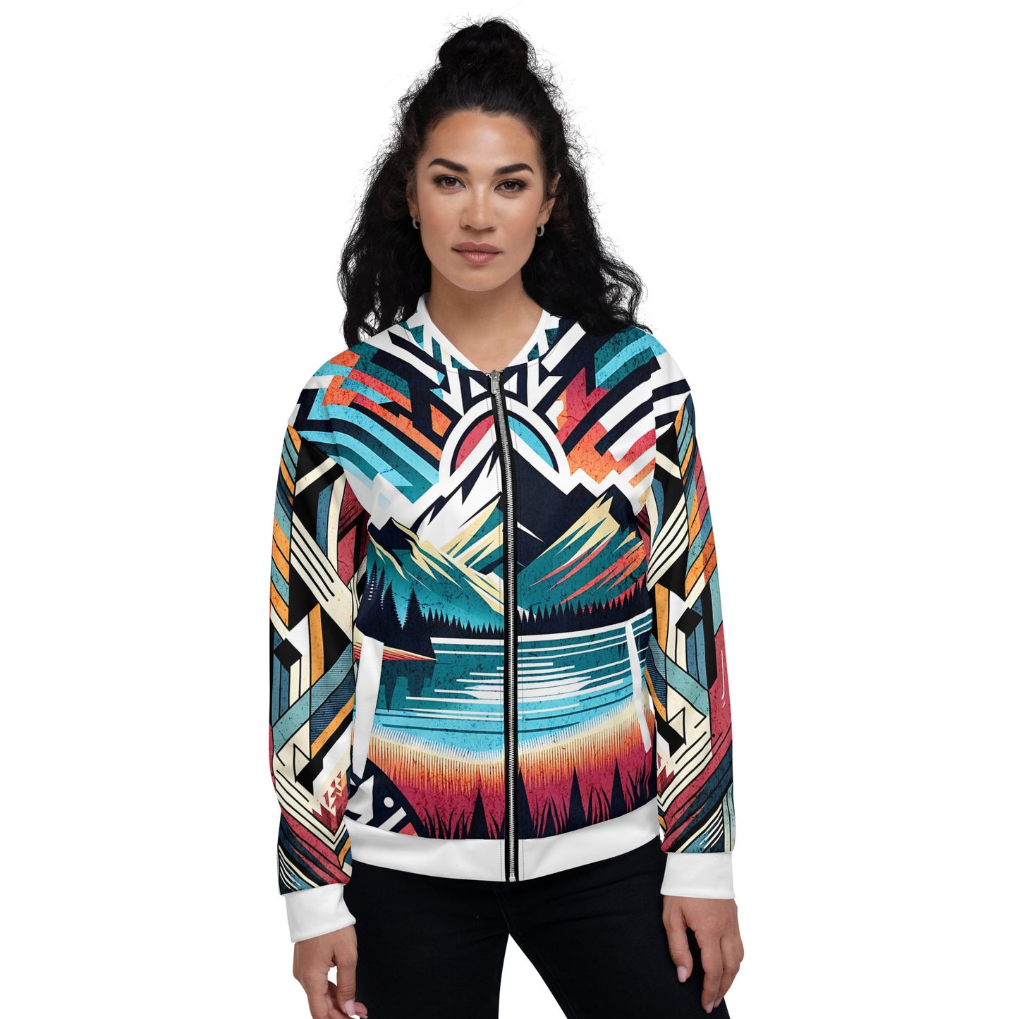 Bomber Jacket Mens Full Zip Vibrant Abstract Geometric Mountain Sunset Pattern