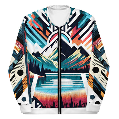 Bomber Jacket Mens Full Zip Vibrant Abstract Geometric Mountain Sunset Pattern