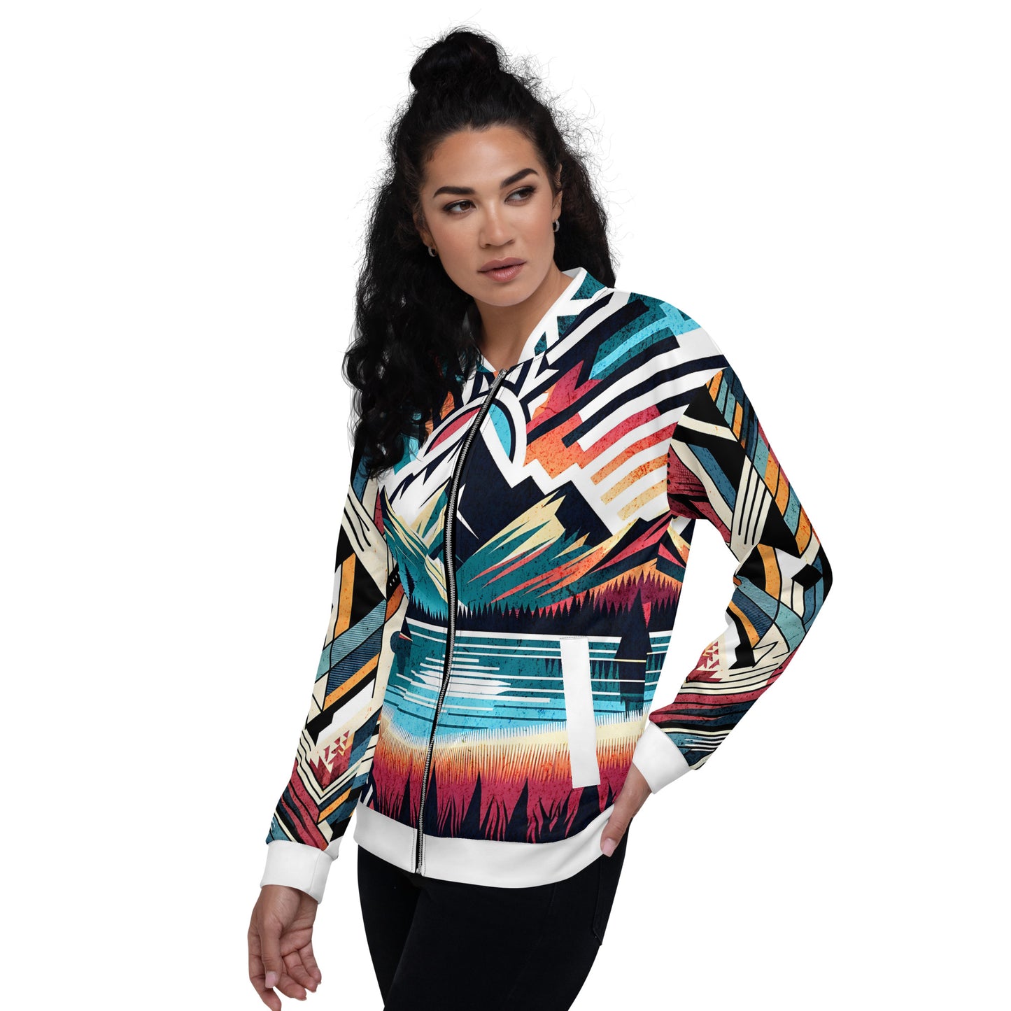 Bomber Jacket Mens Full Zip Vibrant Abstract Geometric Mountain Sunset Pattern