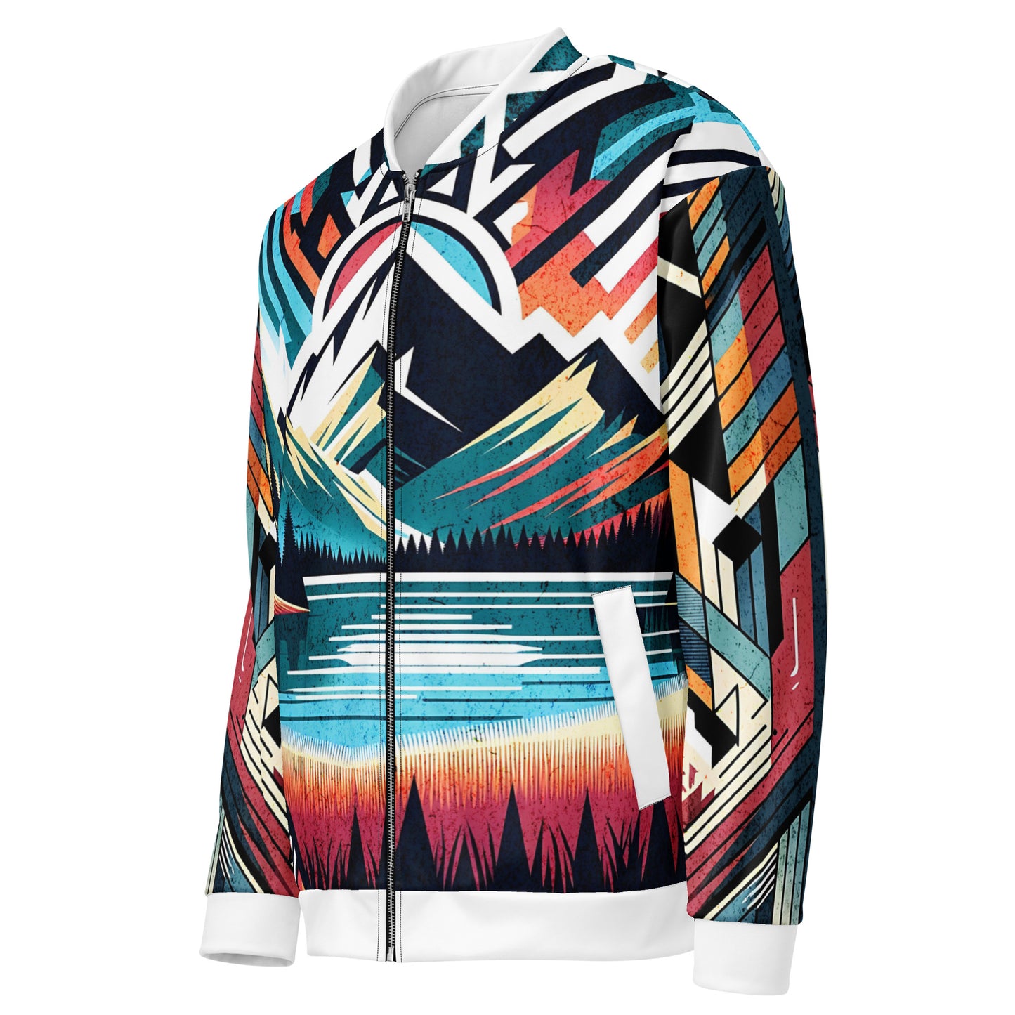 Bomber Jacket Mens Full Zip Vibrant Abstract Geometric Mountain Sunset Pattern