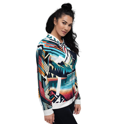 Bomber Jacket Mens Full Zip Vibrant Abstract Geometric Mountain Sunset Pattern