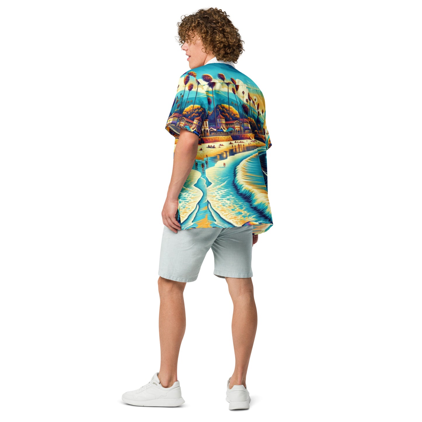 Santa Barbara Beach Scene Button-Up Shirt Adult, California Coastal Art All Over Print