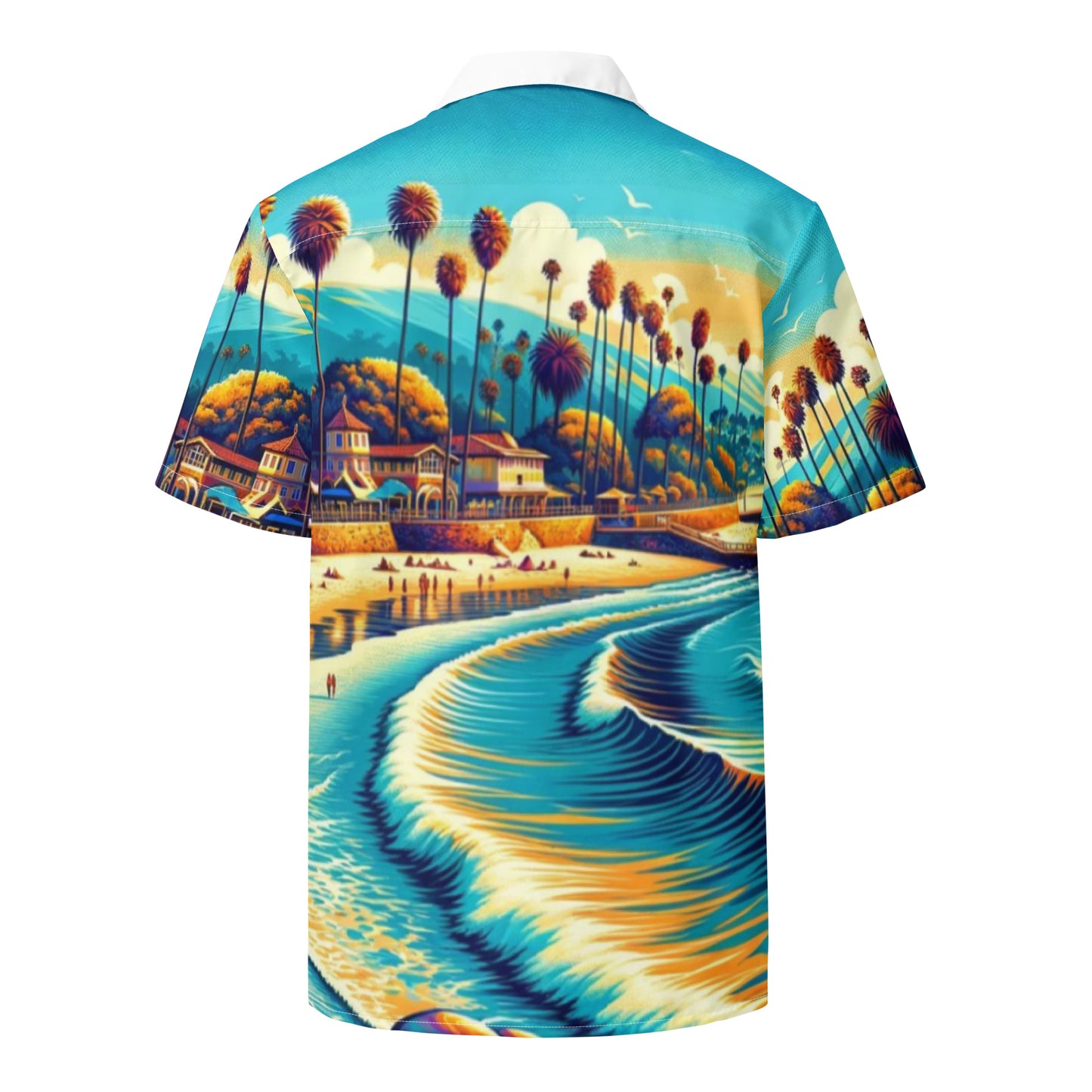 Santa Barbara Beach Scene Button-Up Shirt Adult, California Coastal Art All Over Print