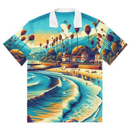 Santa Barbara Beach Scene Button-Up Shirt Adult, California Coastal Art All Over Print