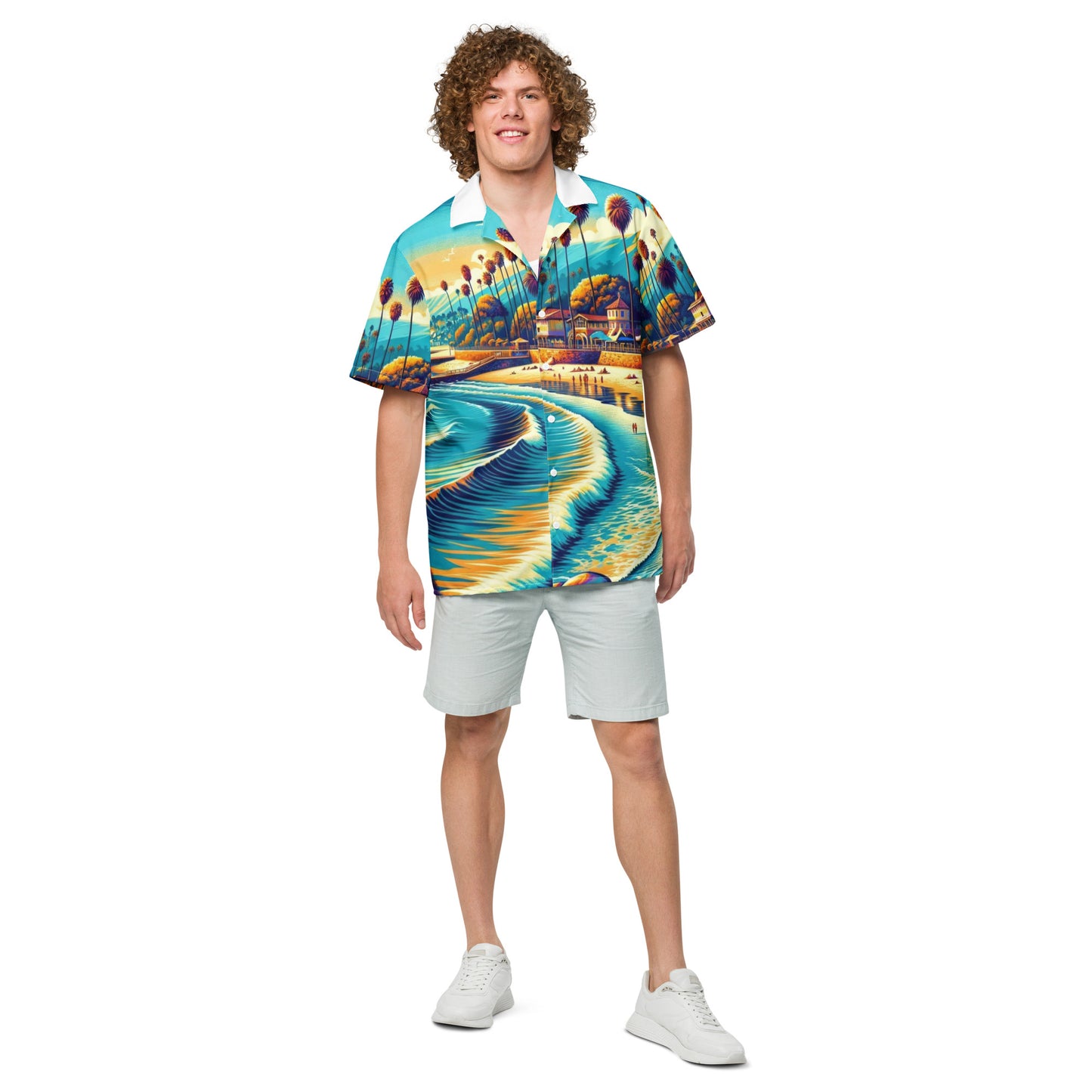 Santa Barbara Beach Scene Button-Up Shirt Adult, California Coastal Art All Over Print