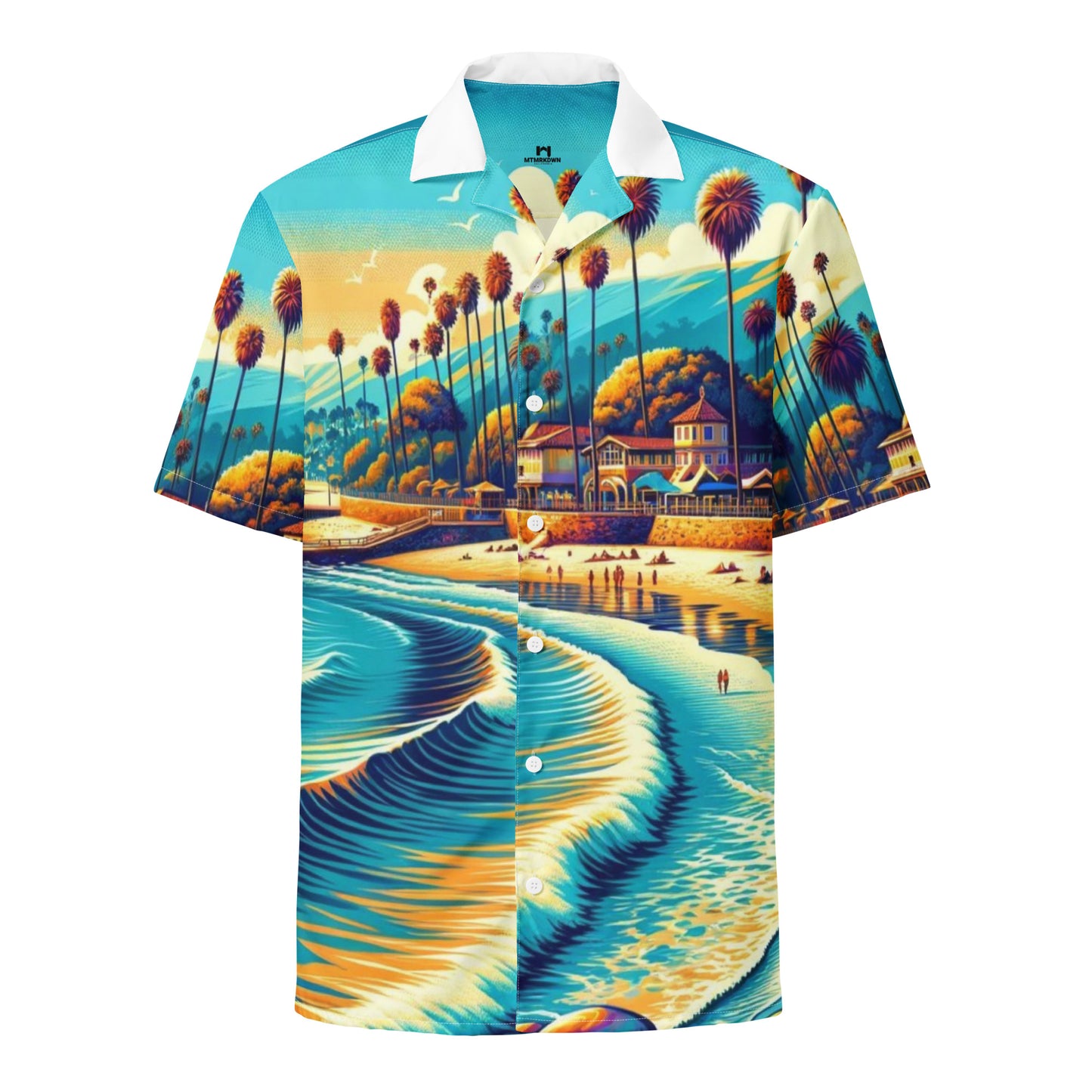 Santa Barbara Beach Scene Button-Up Shirt Adult, California Coastal Art All Over Print